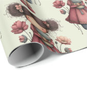 Papier Cadeau Fille avec une poupée grenouille motif fantaisiste (Coin rond)
