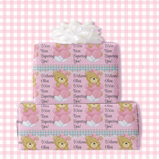 Papier Cadeau Fille Baby shower Teddy Bear Ajouter Nom Pastel Pi