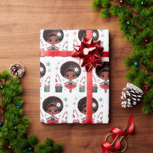 Papier Cadeau Fille Ballerine Noire Afro Puff Rouge Vert Noël