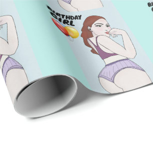 PAPIER CADEAU FILLE D'ANNIVERSAIRE BRUNE AUX FORMES GÉNÉREUSES