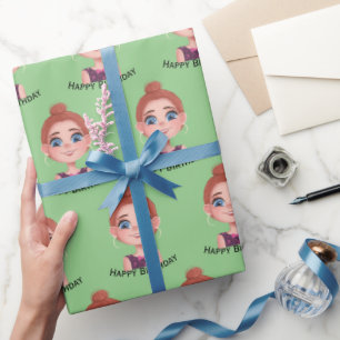Papier Cadeau Fille d'anniversaire de dessin animé avec de grand