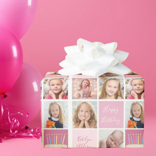 Papier Cadeau Fille d'anniversaire Photo Collage Modèle Enfants 