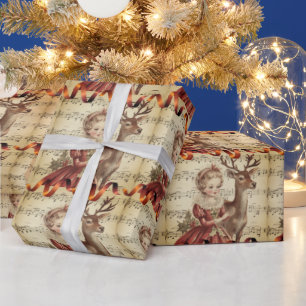 Papier Cadeau Fille de musique vintage et renne de Noël