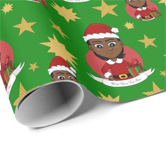 Papier Cadeau Fille de Noël afro-américaine aux cheveux courts (Coin rond)