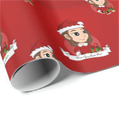 Papier Cadeau Fille de Noël aux cheveux bruns ondulés (Coin rond)