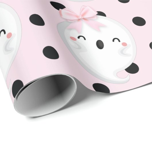 Papier Cadeau Fille d'Halloween Anniversaire Pink Black Polka po (Coin rond)