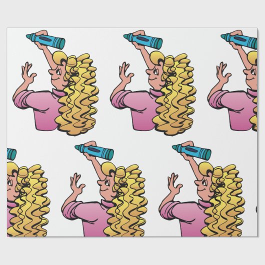 Papier Cadeau Fille enjouée avec crayon (Plat)