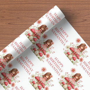 Papier Cadeau Fille Fée Rose Emballage de Naissance Floral Fanta