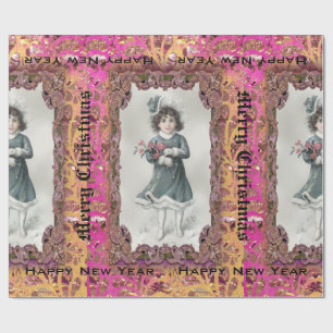 Papier Cadeau Fille heureuse IV victorien de neige