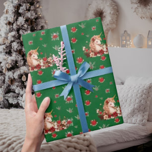 Papier cadeau Fille Licorne de Noël Floral Vert