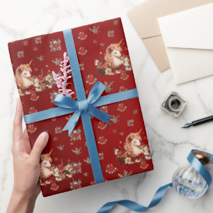 Papier cadeau Fille Licorne de Noël Florale Rouge