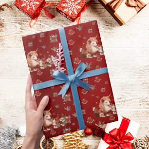 Papier cadeau Fille Licorne de Noël Florale Rouge