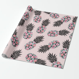 Papier Cadeau Fille mignonne Floral rose Motif d'ananas noir