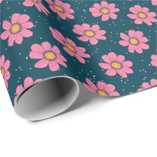 Papier Cadeau Fille mignonne Moderne Bleu Rose Fleurs Florales