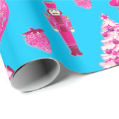 Papier Cadeau Fille mignonne Preppy rose Noël sur bleu (Coin rond)