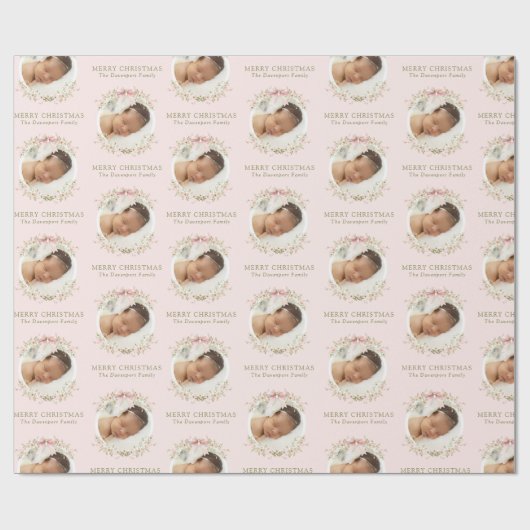 Papier Cadeau Fille rose florale Coquette Bow Photo Noël (Plat)