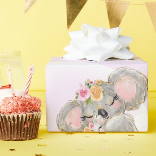 Papier Cadeau Fille rose Koala Bébé & Maman Papier à envelopper (Fête d'anniversaire)