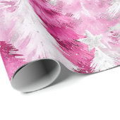 Papier Cadeau Fille rose Silver Glam Arbres de Noël Stripes (Coin rond)