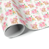 Papier Cadeau Fille Rose Teddy Ours Crème de glace avec pivoines (Coin rond)