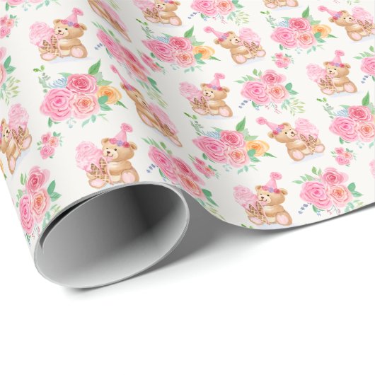 Papier Cadeau Fille Rose Teddy Ours Crème de glace avec pivoines (Coin rond)
