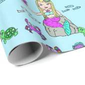 Papier cadeau fille Sirène et créatures marines (Coin rond)