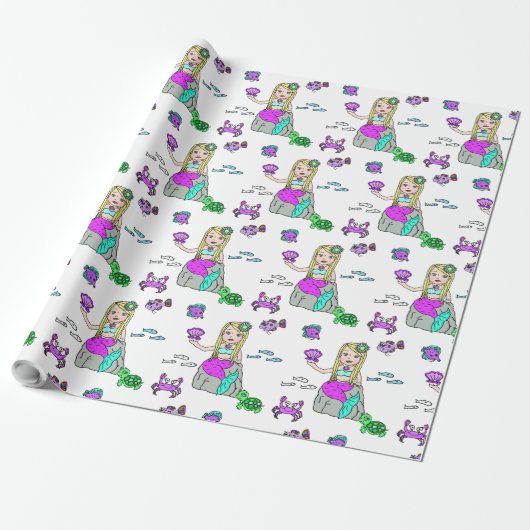 Papier cadeau fille Sirène et créatures marines (Déroulé)