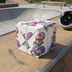 Papier Cadeau Fille skateur casque rose planche à roulettes
