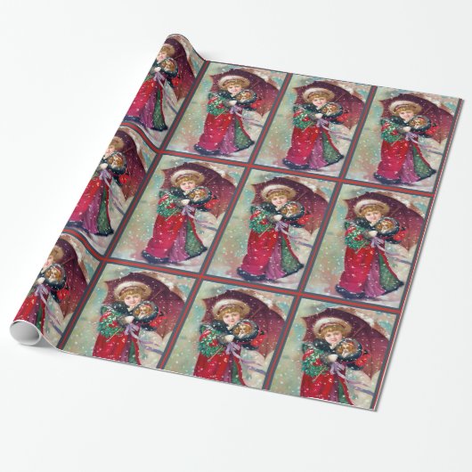 Papier Cadeau Fille victorienne avec Noël de chiot (Déroulé)