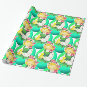 Papier Cadeau Fille Vintage de Pâques avec poussin de Pâques Gra