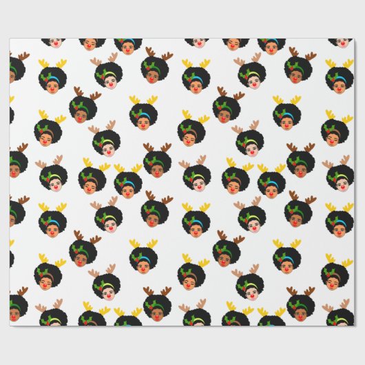 Papier Cadeau Filles Afro Père Noël Reindeer Noël Noise rouge (Plat)