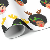 Papier Cadeau Filles Afro Père Noël Reindeer Noël Noise rouge (Coin rond)