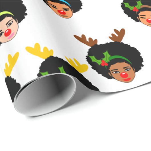 Papier Cadeau Filles Afro Père Noël Reindeer Noël Noise rouge (Coin rond)