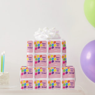 Papier Cadeau Filles Ballons Colorés 1er Anniversaire