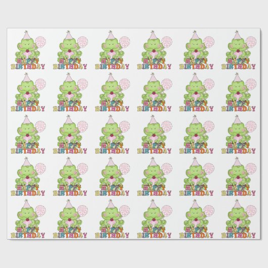 Papier Cadeau Filles Grenouille d'anniversaire avec ballons enve (Plat)
