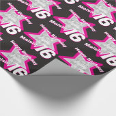 Papier Cadeau Filles nom 16 anniversaire photo noir rose étoile  (Coin)