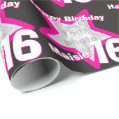 Papier Cadeau Filles nom 16 anniversaire photo noir rose étoile  (Coin rond)