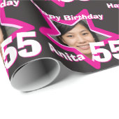 Papier Cadeau Filles nom 55e anniversaire photo rose noir (Coin rond)