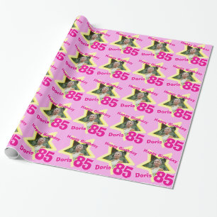 Papier Cadeau Filles nom 85e anniversaire photo rose jaune envel