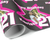 Papier Cadeau Filles nom age 21 ajouter votre photo rose étoile  (Coin rond)