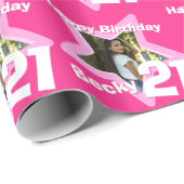 Papier Cadeau Filles nom age 21 ajouter votre photo rose étoile (Coin rond)