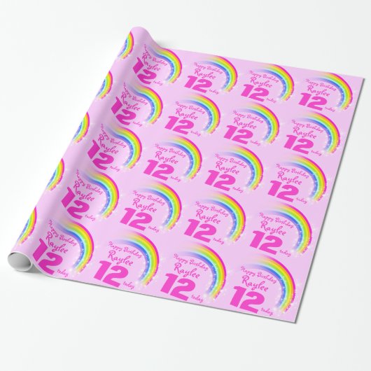 Papier Cadeau Filles nom âge arc-en-ciel d'anniversaire modèle e (Déroulé)