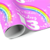 Papier Cadeau Filles nom âge arc-en-ciel d'anniversaire modèle e (Coin rond)