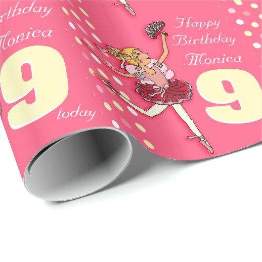 Papier Cadeau Filles nom âge ballerine d'anniversaire modèle env (Coin rond)