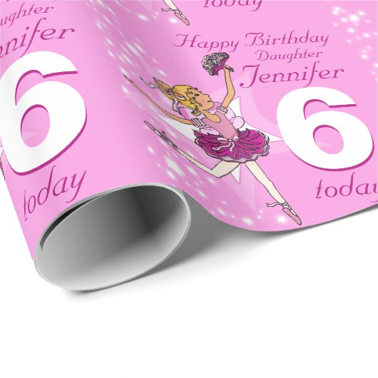 Papier Cadeau Filles nom âge ballerine rose motif d'anniversaire (Coin rond)