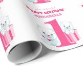 Papier Cadeau Filles roses mignonnes Premier anniversaire (Coin rond)