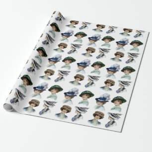 Papier Cadeau Filles vintages de mode dans des casquettes