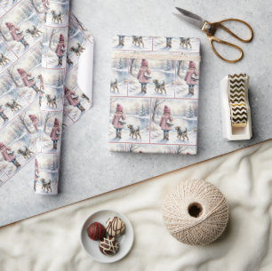 Papier Cadeau Fillette à l'aquarelle avec patins à glace et chie