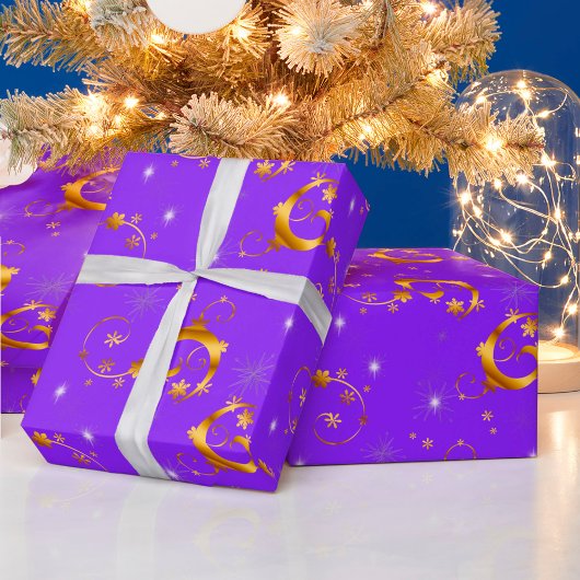 Papier Cadeau Fils d'or et étoiles Violet Noël