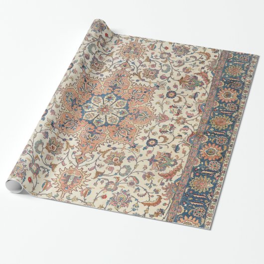 Papier Cadeau Fin Persia Tabriz Bleu rouille Orange  (Déroulé)