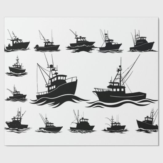 Papier Cadeau Fishing Boat Silhouette Pattern Wrapping Paper (Plat)